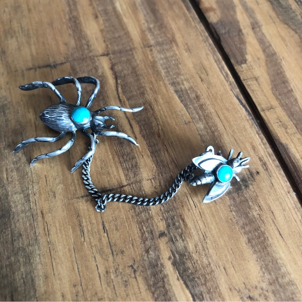 Vintage Sterling Silver And Turquoise Native Spider And Fly Pin.